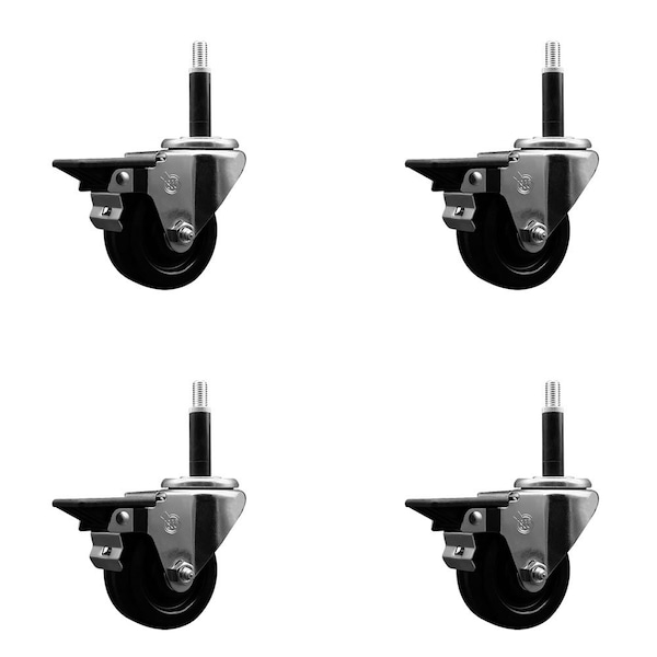 3'' Phenolic Swivel 3/4'' Expanding Stem Caster Set with Brake, 4PK